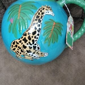 Giraffe Design Blue Ceramic Pitcher Hand Painted
